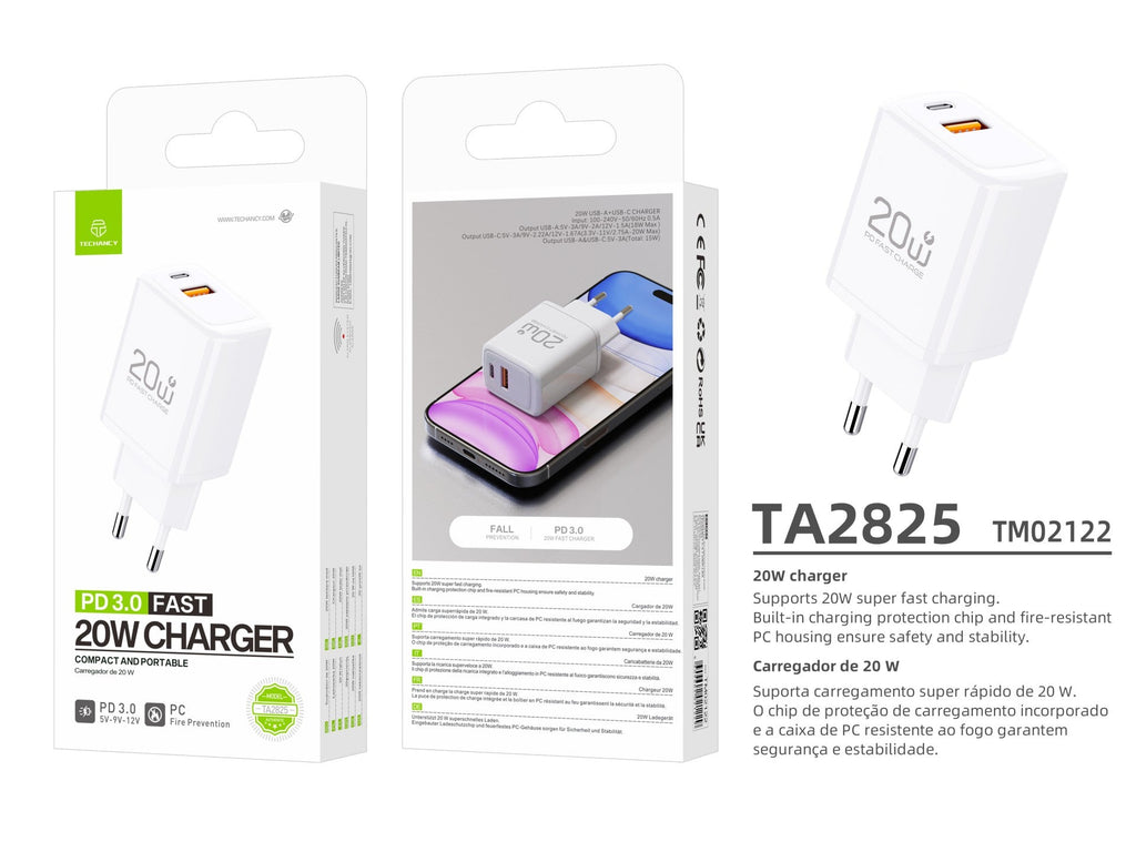 Techancy Carregador TA2825 PD3.0 20W com Duas Portas USB-C e USB-A Compativel com Diversos Telemoveis e Tablets